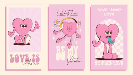 Playful Groovy Heart Characters with Valentine Messages. Vector Social Media Stories Template Set.