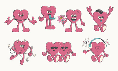 Groovy Retro Heart Characters in Punk Attitude and Rock Style. Valentine's Day Vector Illustration Set.
