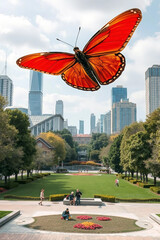 Red butterfly flutters over city streets. Papillon in flying