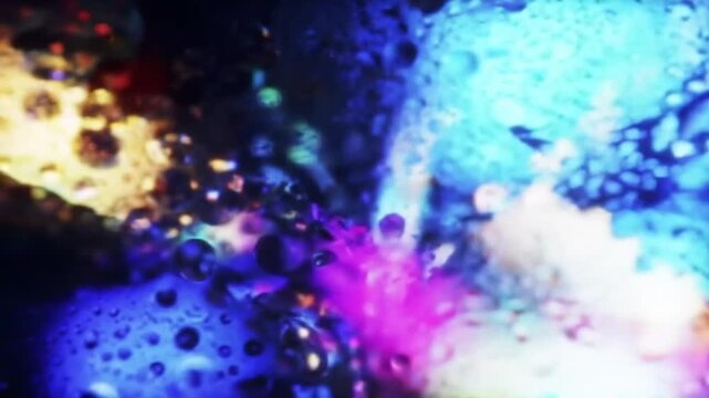 Abstract water droplets against colorful blurry background with light flares