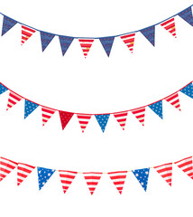 Fototapeta premium Garland of triangular flags on a rope in the colors of the American flag isolated on a transparent background, flat design illustration