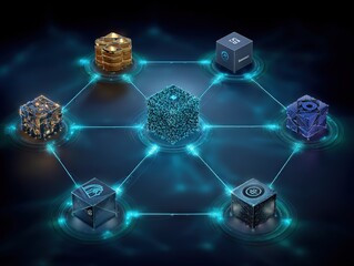Abstract decentralized digital ecosystem with interconnected modules and glowing nodes representing blockchain architecture data exchange and system interoperability