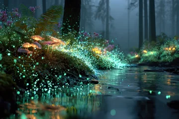 Wandcirkels Sprookjeswereld A fairytale night forest with a stream lined with glowing bioluminescent plants and mushrooms   © Evdoha