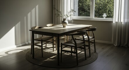 Minimalist dining room with natural light, wooden table and chairs, round jute rug, and a vase with branches, creating a serene and inviting atmosphere.