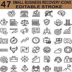 Small Business Recovery and Financial Growth Icon Set, Editable Stroke Line Icons for Startup Success, Corporate Strategy, and Economic Development.
