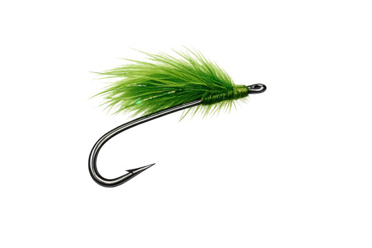 Green feather fly fishing lure tied to a hook, ready for freshwater trout angling, sporting equipment transparent background