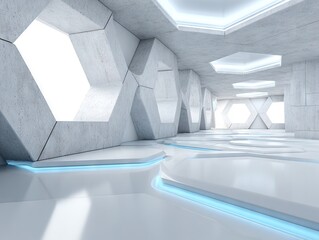Fototapeta premium Futuristic white geometric corridor with hexagonal structures and glowing floor lines representing advanced architecture innovation and digital space