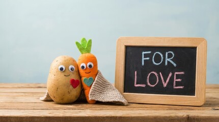 Fun and quirky love celebration between adorable potato and carrot characters creative studio setting playful and whimsical design close-up view heartwarming concept