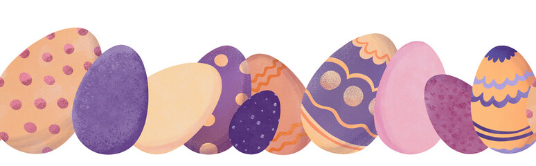 Seamless Easter eggs pattern in soft pastel colors: polka dots, wavy lines, purple, pink, orange. For Easter wrapping paper, fabric, wallpaper, gift packaging, cards, invitations, nursery decor
