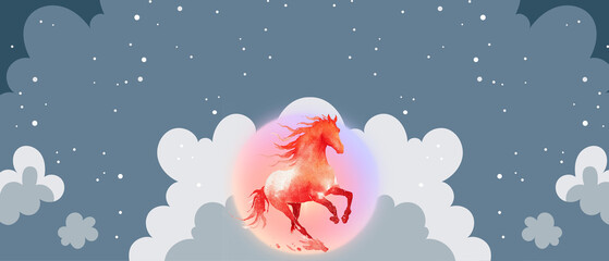 elegant fire horse asian lunar new year 2026 starting on february 17; grey background with plenty of copy space over flat, eye-catching design with glowing running horse silhouette