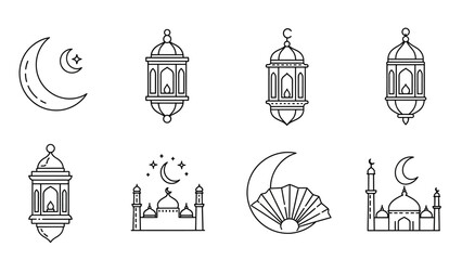 Collection of minimal line art icons featuring traditional Islamic symbols such as crescent moons, ornate lanterns, and mosques, ideal for Ramadan and Eid celebrations and cultural designs