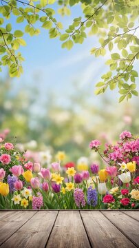 Colorful spring garden background with blooming tulips and seasonal plants, floral border composition for banner, template, presentation. Vertical video