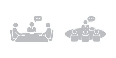 Grey business meeting icons representing team collaboration and corporate communication sessions isolated on a white background.