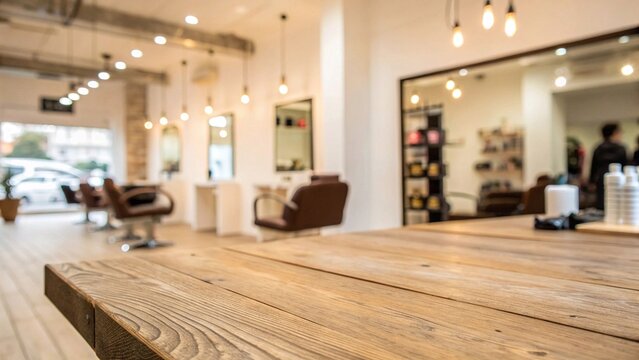Modern hair salon interior with wooden counter
Bright and stylish hair salon featuring large mirrors, salon chairs, and a rustic wooden counter in a spacious, well-lit setting.
