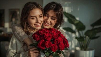 Two smiling young women share a warm embrace while one presents a vibrant bouquet of red roses indoors