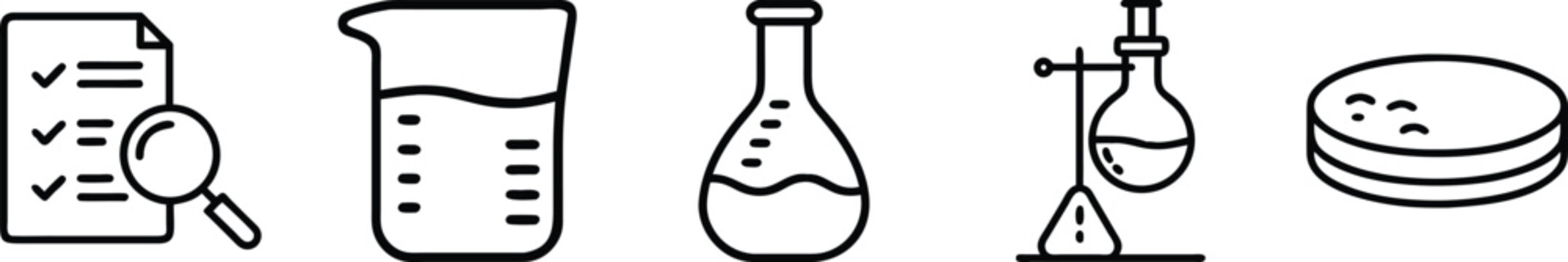 Scientific Research and Measurement Icons Set with Checklist, Magnifying Glass, Beaker, Flask, Retort Stand, and Petri Dish for Lab Studies transparent background