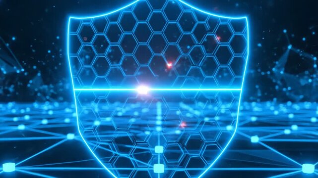 Cyber security shield protection hologram animation in digital network space with blue glowing lines scanning data for firewall safety and futuristic tech background