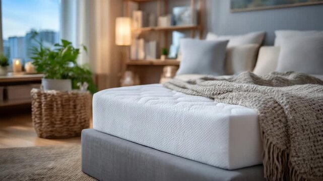 135Side view close-up of mattress thickness and layered profile, memory foam core emphasized, smooth fabric seal, modern bedroom interior, durability and comfort concept