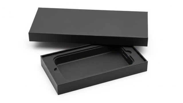 Black rectangular box with open lid isolated on transparent background