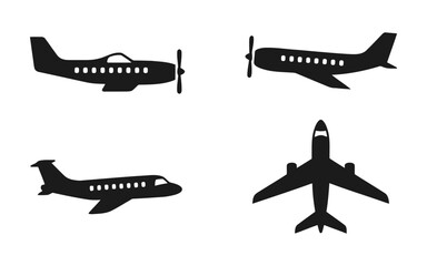Airplane vector set aviation transport aircraft silhouette flying machine travel design graphic icon 