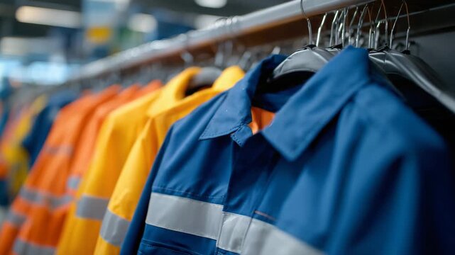 162Wide close-up of a workwear store rack filled with colorful safety jackets, high-visibility orange, yellow, and blue coats hanging neatly on metal hangers, reflective strips catchi