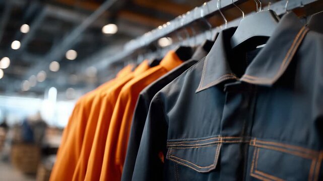 169Side-angle view of heavy-duty work coats and overalls, bright safety colors aligned on hangers, fabric texture and stitching emphasized, workwear retail display concept
