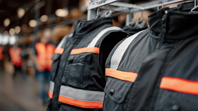 173Detail-focused shot of zippers, pockets, and reflective bands, heavy-duty work jackets hanging in a row, emphasis on functionality and safety features