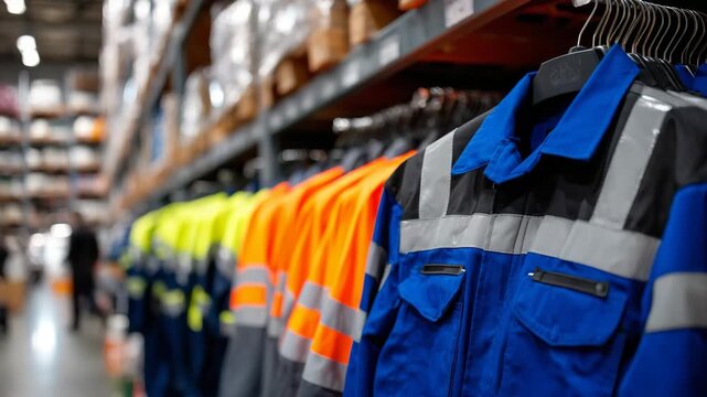 177Wide banner-style shot of a workwear shop interior, rows of road work uniforms and overalls on racks, vibrant safety colors, professional workplace apparel display