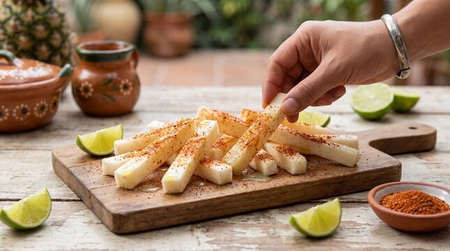 Hand picking jicama sticks with chili, lime, and spices