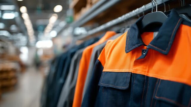 176Wide-angle close-up of workwear rack display, jackets, coats, and overalls for sale, bold safety colors and rugged textile textures, professional work clothing store banner concept