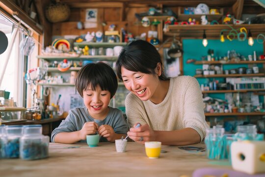 Creative mother-son bonding activity craft studio diy art session cozy environment close-up view family connection and joy