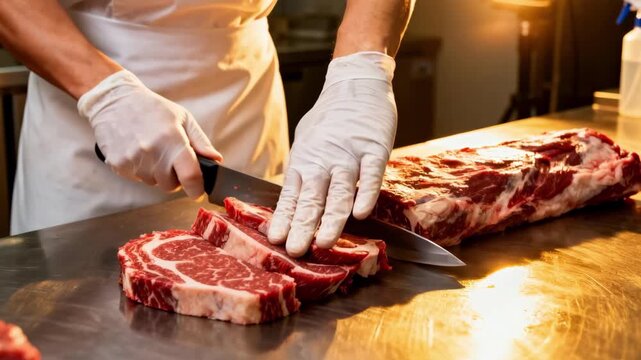 Butcher skillfully cutting beef primals into retail portions on a sanitized deboning bench showcasing expert knife work and precise meat handling.