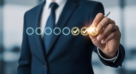 Business professional interacting with a digital binary code interface displaying a checkmark