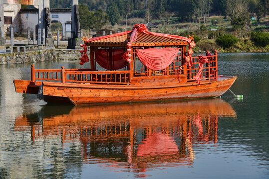 Traditional boat in the ancient village of Xidi, Anhui, China