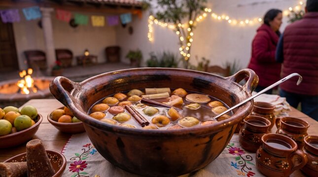 Traditional Mexican Ponche Navide&ntilde;o drink with fruits and spices