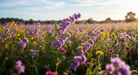 Vibrant Wildflowers Blooming in a Sunlit Field with Trees in the Distance