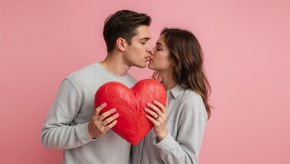 A young couple shares a tender moment kissing while holding a large vibrant red heart against a pink backdrop