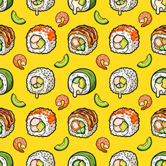 Fototapeta premium Sushi roll japan street fast food with seafood and rice salmon and cheese vector illustration. Japanese food pattern background, sushi sashimi ramen cute icon seamless pattern.