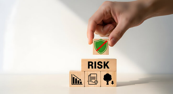 Risk management concept with hand placing green arrow on wooden block
