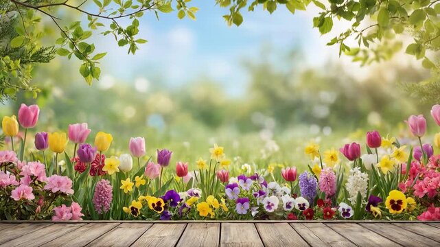 Colorful spring garden background with blooming tulips and seasonal plants, floral border composition for banner, template, presentation. Video