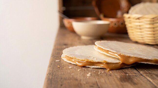 Sweet Obleas filled with Dulce de Leche on rustic wooden surface