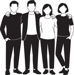 A group of four people standing closely together arms linked in a simple illustration
