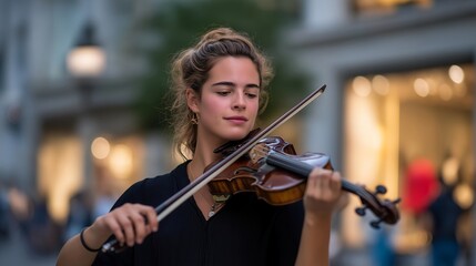 A street performance scene shows a talented violinist sharing music with the public, combining culture, creativity, and emotional storytelling. cinematic color correction, natural uneven lighting