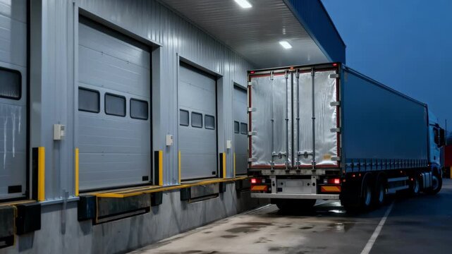Medium shot capturing closed insulated dock doors with a trailer backed in emphasizing secure temperature regulation in perishable goods distribution.