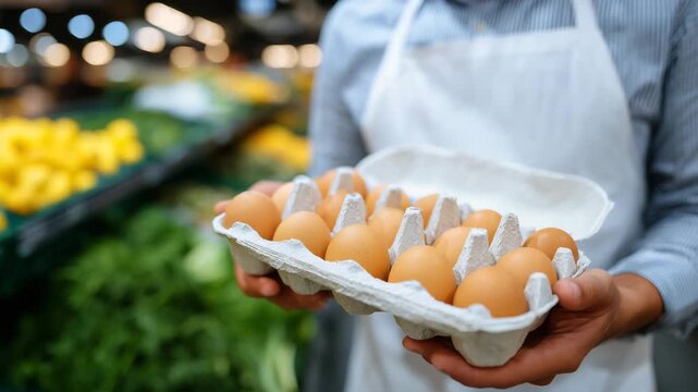 234Close-up of hands holding a carton of fresh eggs, supermarket shelves filled with egg cartons blurred in background, bright lighting, organic farm produce and healthy nutrition con
