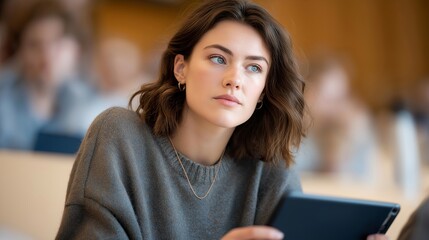 An international student listening intently during a lecture, language translation app open on tablet, highlighting global education and inclusion. cinematic color correction, natural uneven