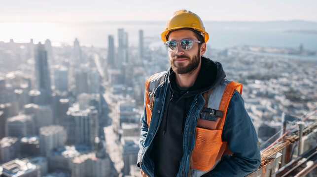 Male construction worker wearing safety helmet and safety vest standing on rooftop construction site in big city