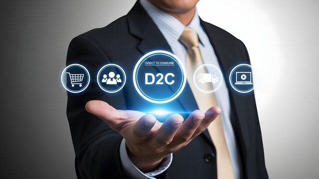 Businessman demonstrates d2c model with digital icons floating in his hand.