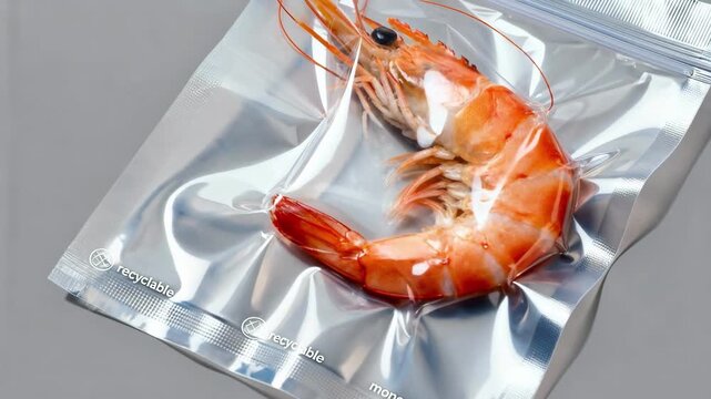 Medium shot capturing highbarrier recyclable monomaterial seafood film emphasizing protective qualities that preserve freshness while enabling easy recycling.