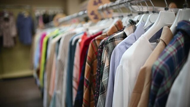 selection of shirts arranged neatly on hangers inside a clothing store. The bright lighting highlights various colors and patterns of clothing during shopping hours